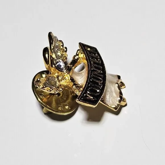 Volunteer Angel Ribbon Rhinestones Pin Gold Tone Lapel Enamel Collectible - Picture 8 of 9
